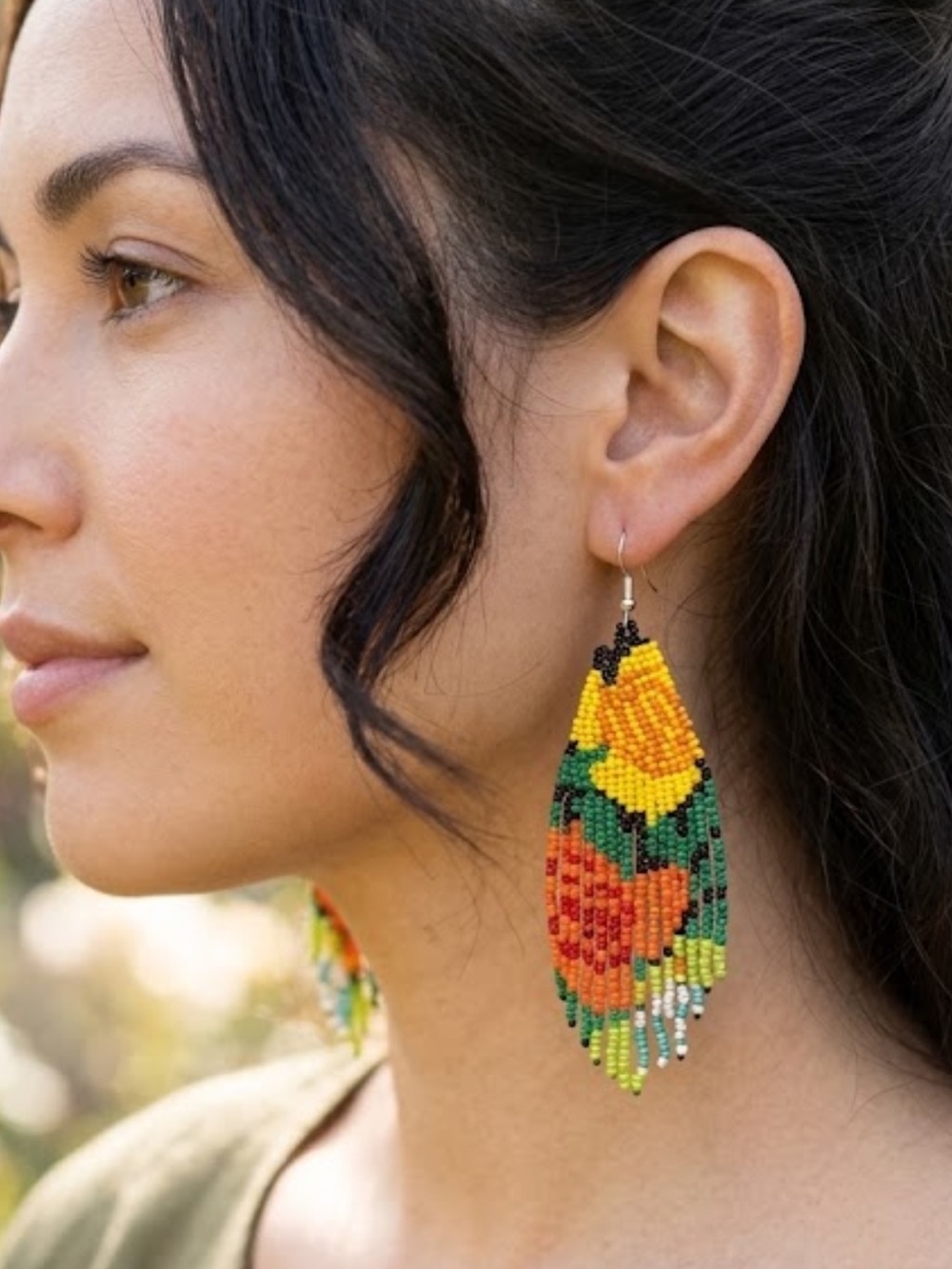 NWT Multicolor Seed Bead Fringe Earrings Long Tassel Statement Boho Art to Wear